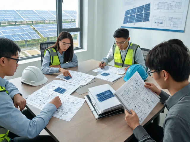 Energy project team reviewing technical documents